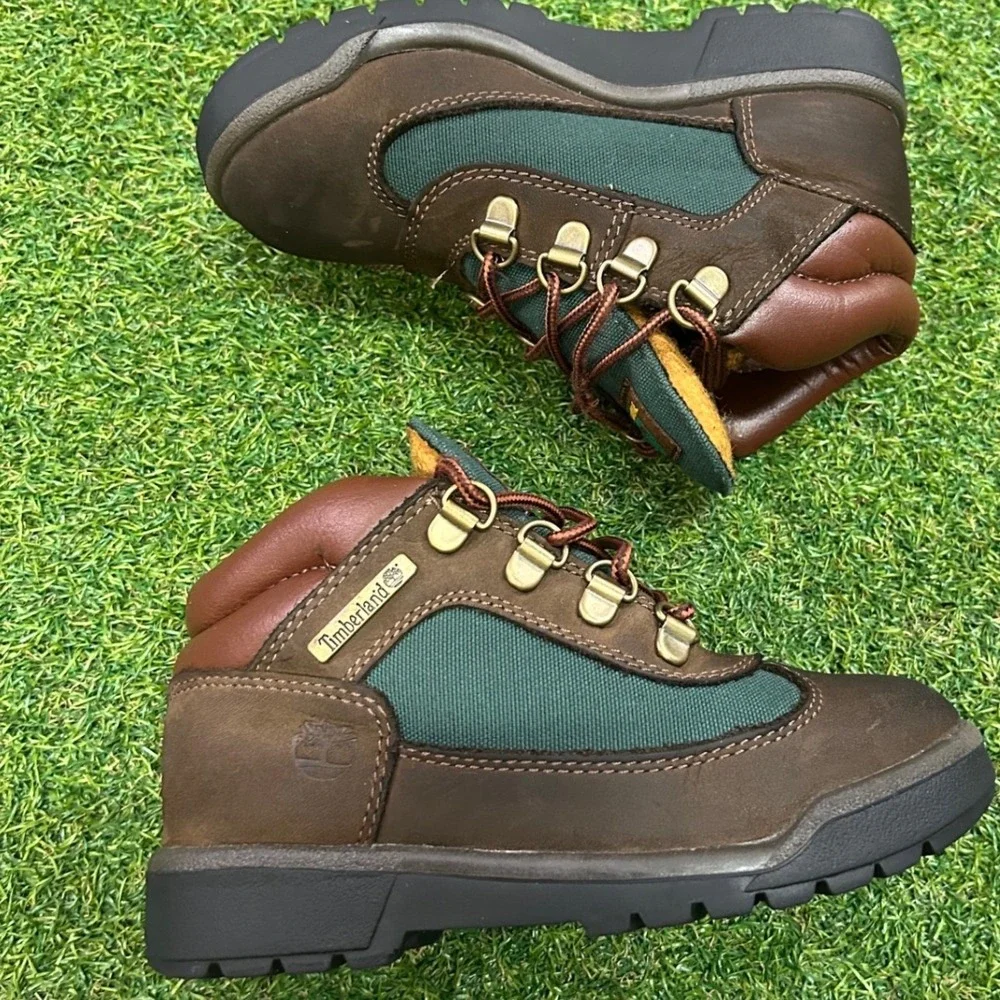 Timberland Field Boots Brown Green Leather Boys Size 13 16737 Hiking Mid Top